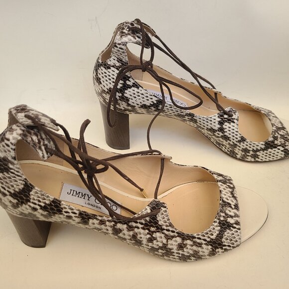 Jimmy Choo Ivory/Brown Snakeskin Open Toe Sandals Pumps Lace Up EU 40.5 - Picture 8 of 16